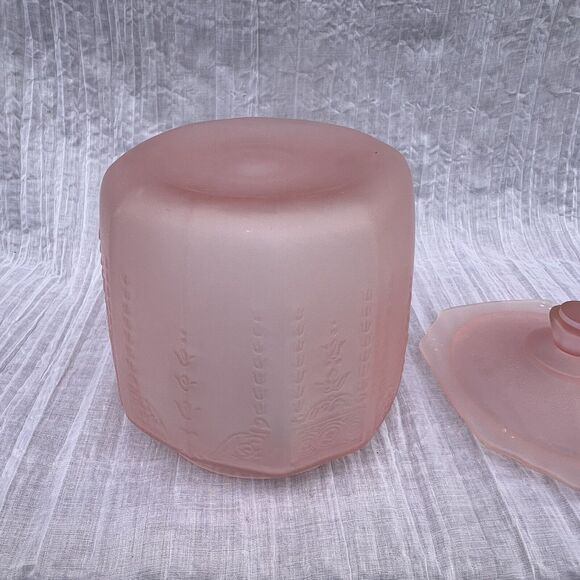 Vintage Pink Satin Depression Glass Frosted Princess Cookie Biscuit Jar With Lid - Picture 6 of 13